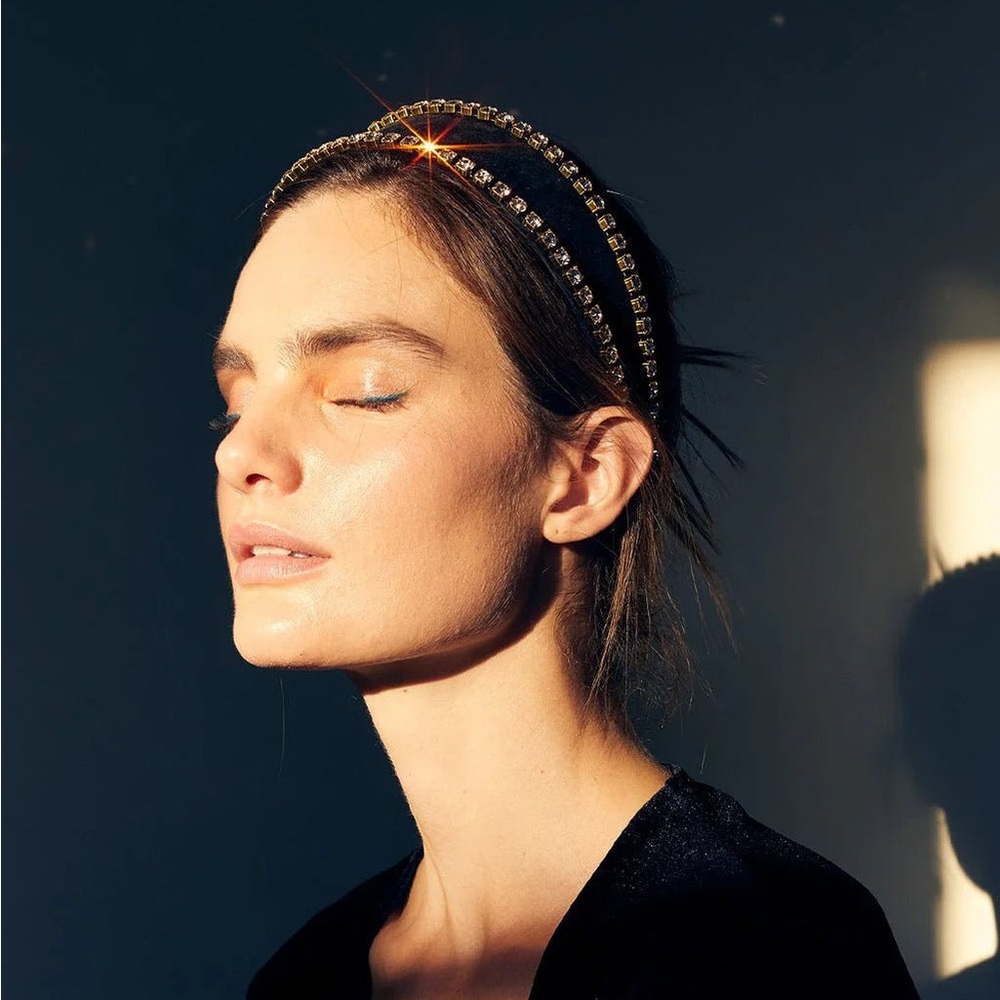 Elegant Black and Gold Velvet Headband*Crystal Headband*Padded Satin
